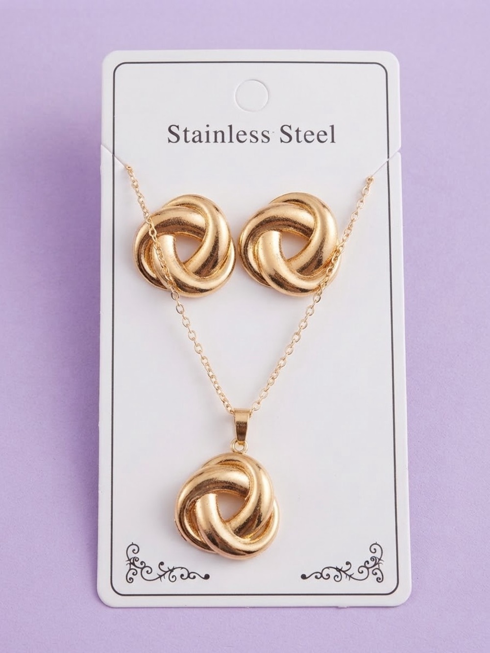 Gold Stainless Steel Knot Pendant Necklace & Earring Women Set.